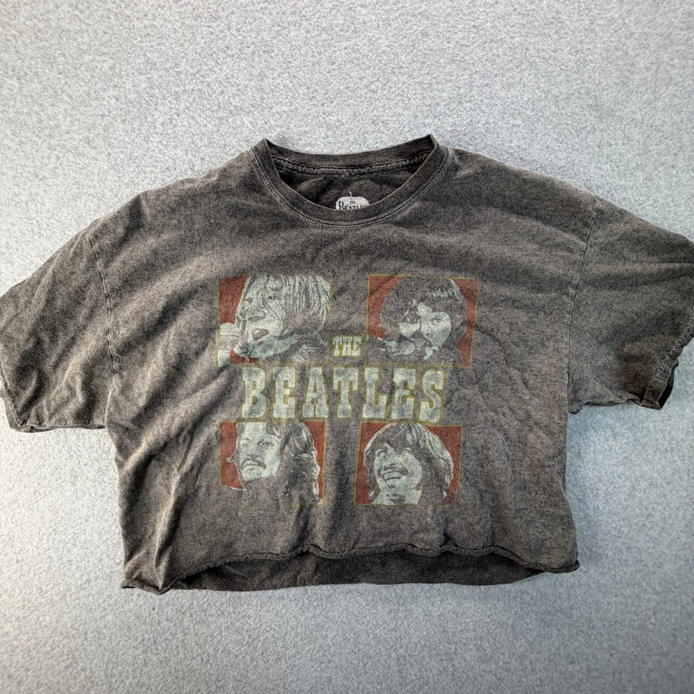 The Beatles Graphic Crop Top T-Shirt Gray Wash Raw Hem XL Band Tee 2016 Apple